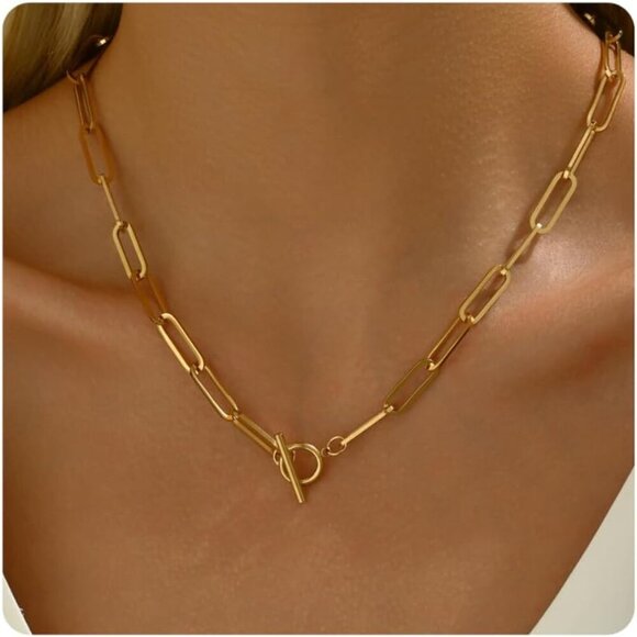 Chunky Toggle Necklace for Women 18K Gold Plated Vintage Paperclip Figaro Link C - Picture 1 of 7
